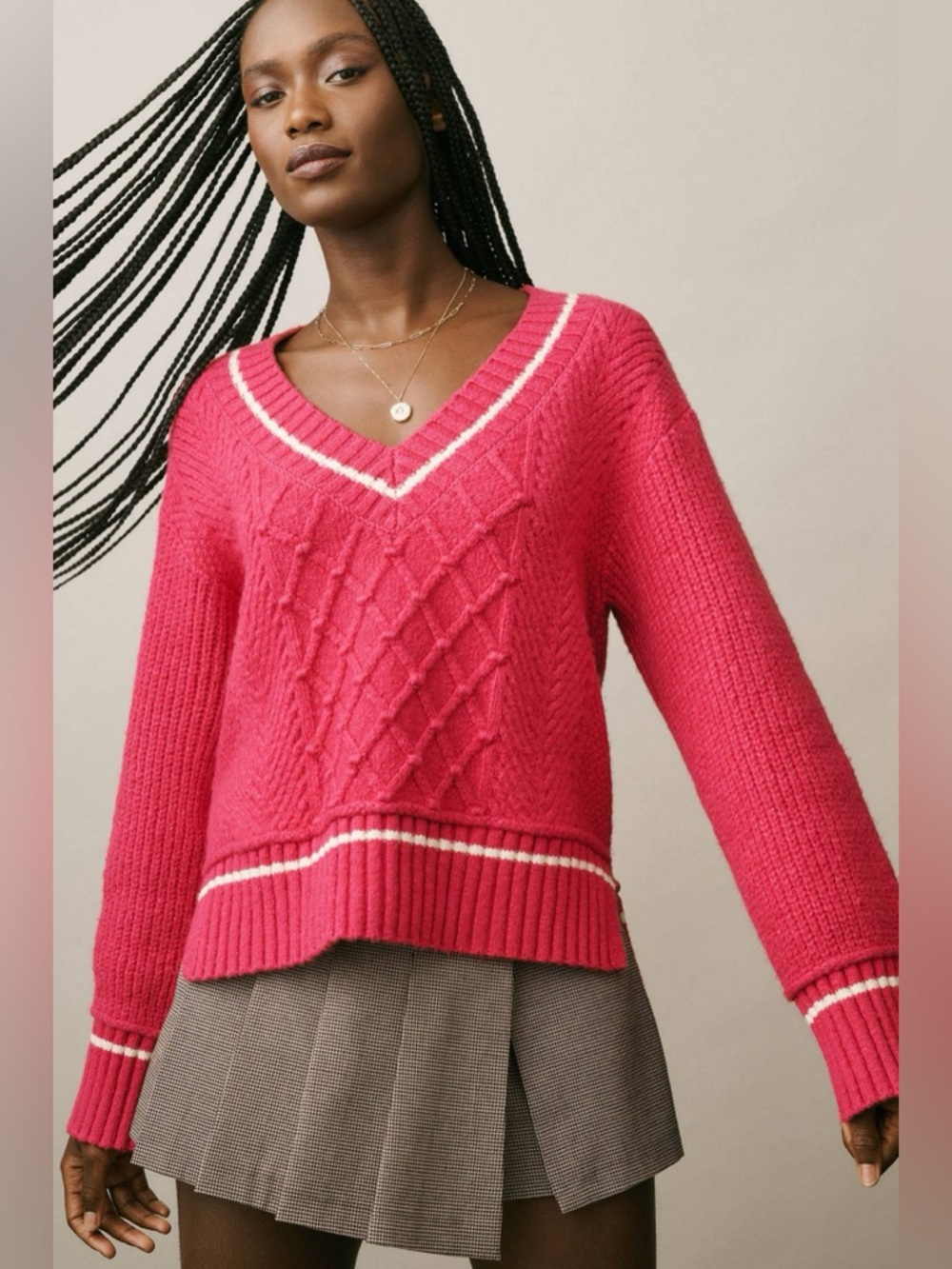 Anthropology Maeve V-Neck Cable Knit Sweater in Bright Pink